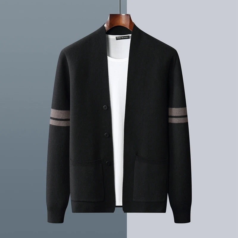 Men's Merino Blend Knit Cardigan – Varsity Stripe Layering – view 8