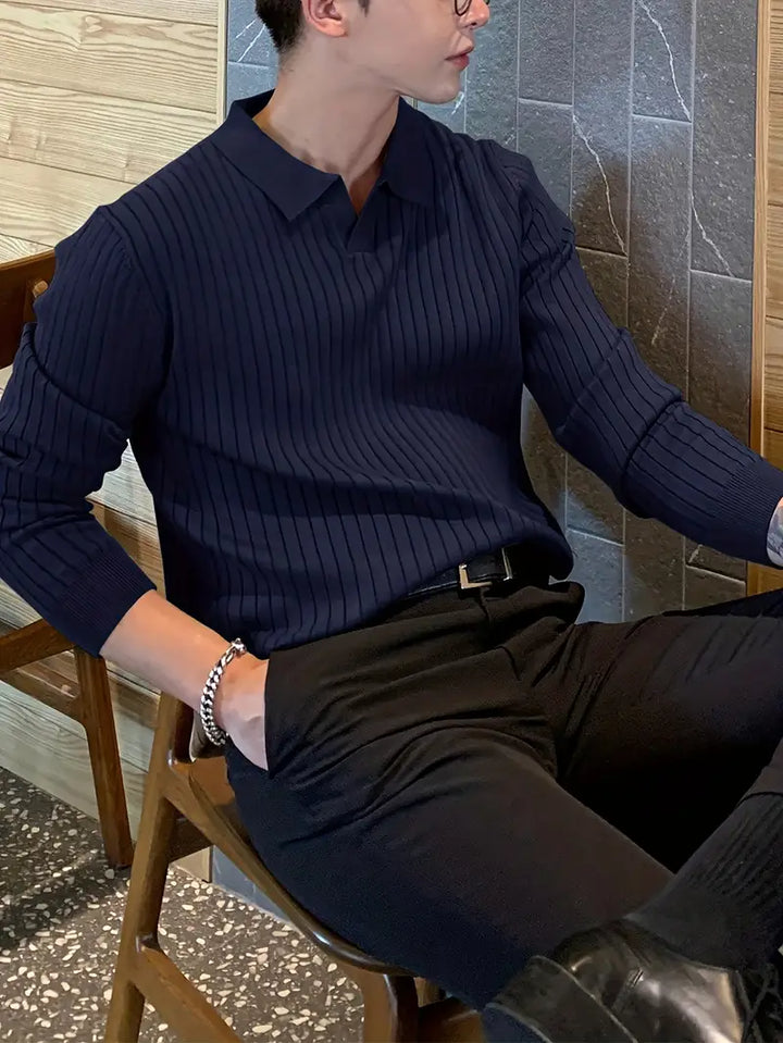 Men's Ribbed Knit Polo Shirt – Stretch Collared Smart Casual – view 8