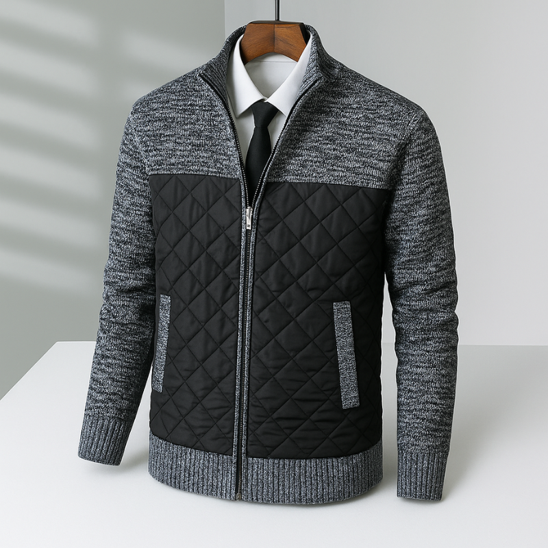 Men's Quilted Hybrid Jacket – Knit-Sleeve Funnel-Neck Layer – Charcoal