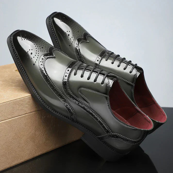 Men's Tricolor Leather Wingtip Dress Shoes - Classic Brogue Detailing