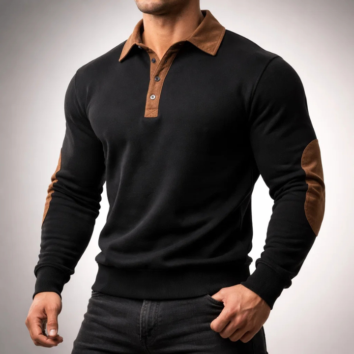 Men's Cotton Long-Sleeve Polo Pullover – Smart-Casual Knit – Black