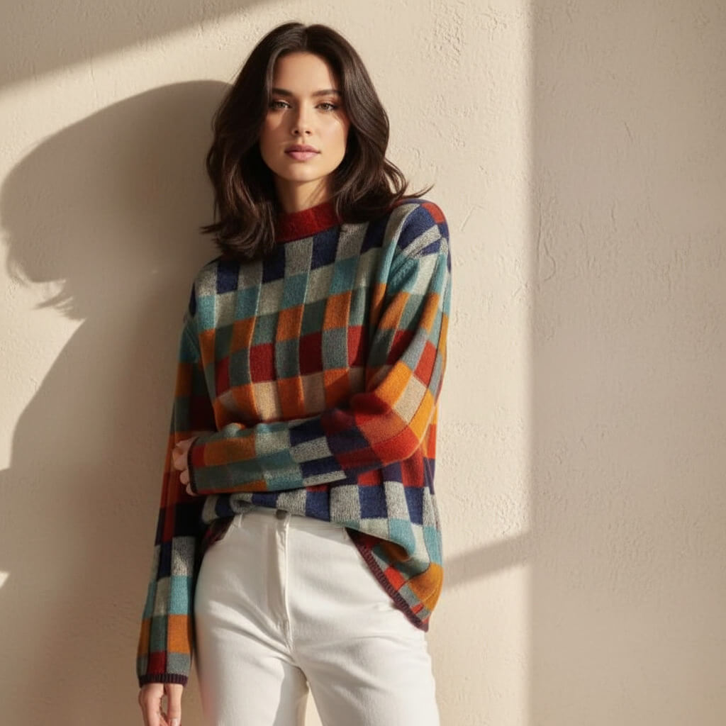 Women's Merino Wool Colour-Block Jumper – Mock Neck Knit – view 5