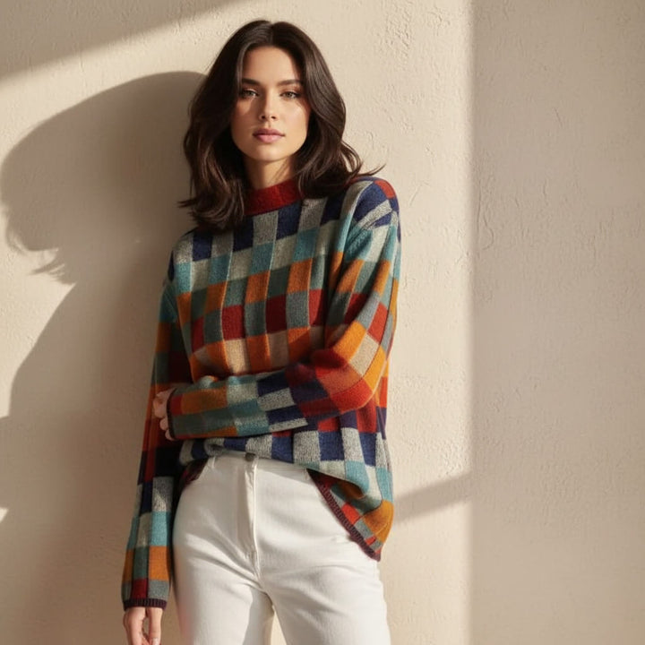 Women's Merino Wool Colour-Block Jumper – Mock Neck Knit – view 5
