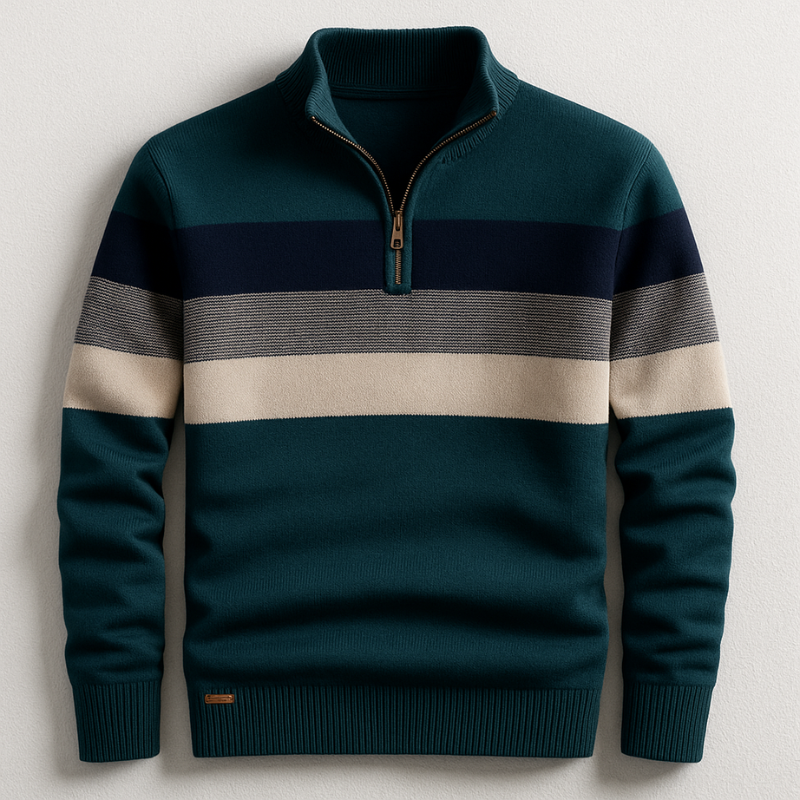 Men's Cotton Quarter-Zip Sweater – Striped Knit Jumper – Green