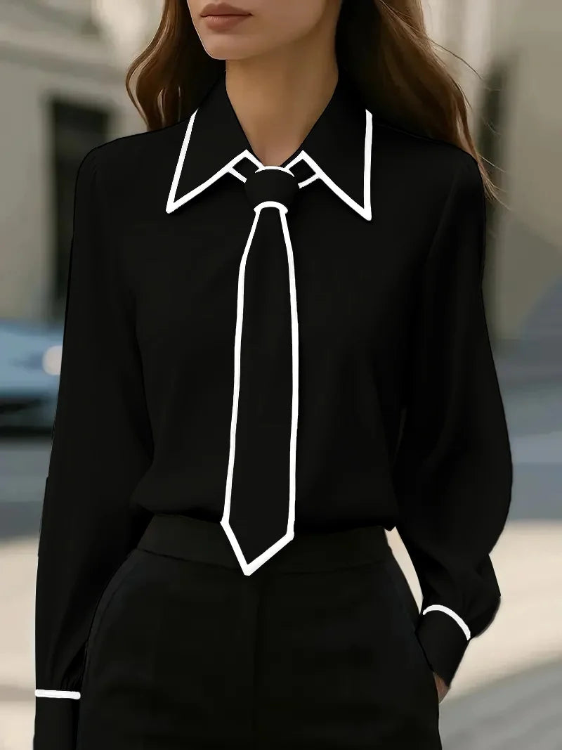 Women's Cotton-Blend Tie Blouse – Contrast Piping Workwear – Black