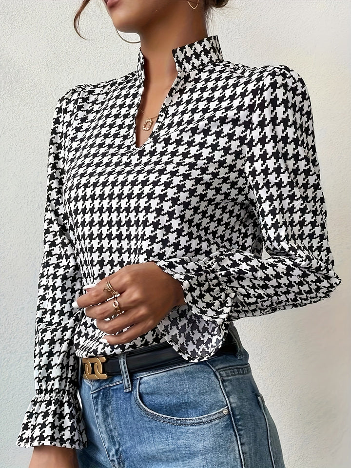 Women's Houndstooth Blouse – Notch Neck Ruffle Lantern Sleeves – view 2