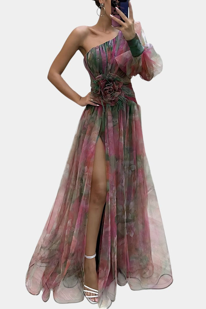 Women's Printed One-Shoulder Maxi Dress - Perfect for Weddings