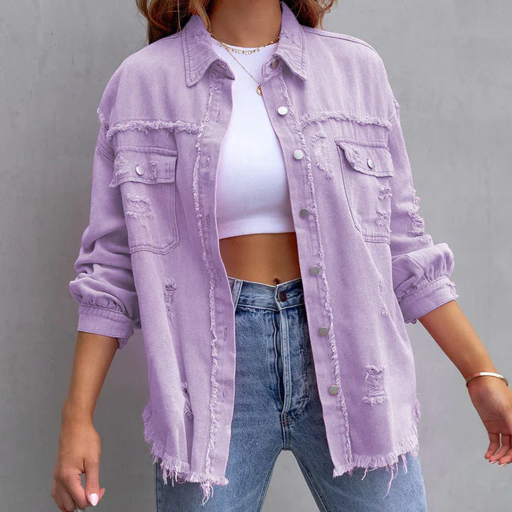 Women's Frayed Denim Jacket – Relaxed Distressed Cotton – view 6