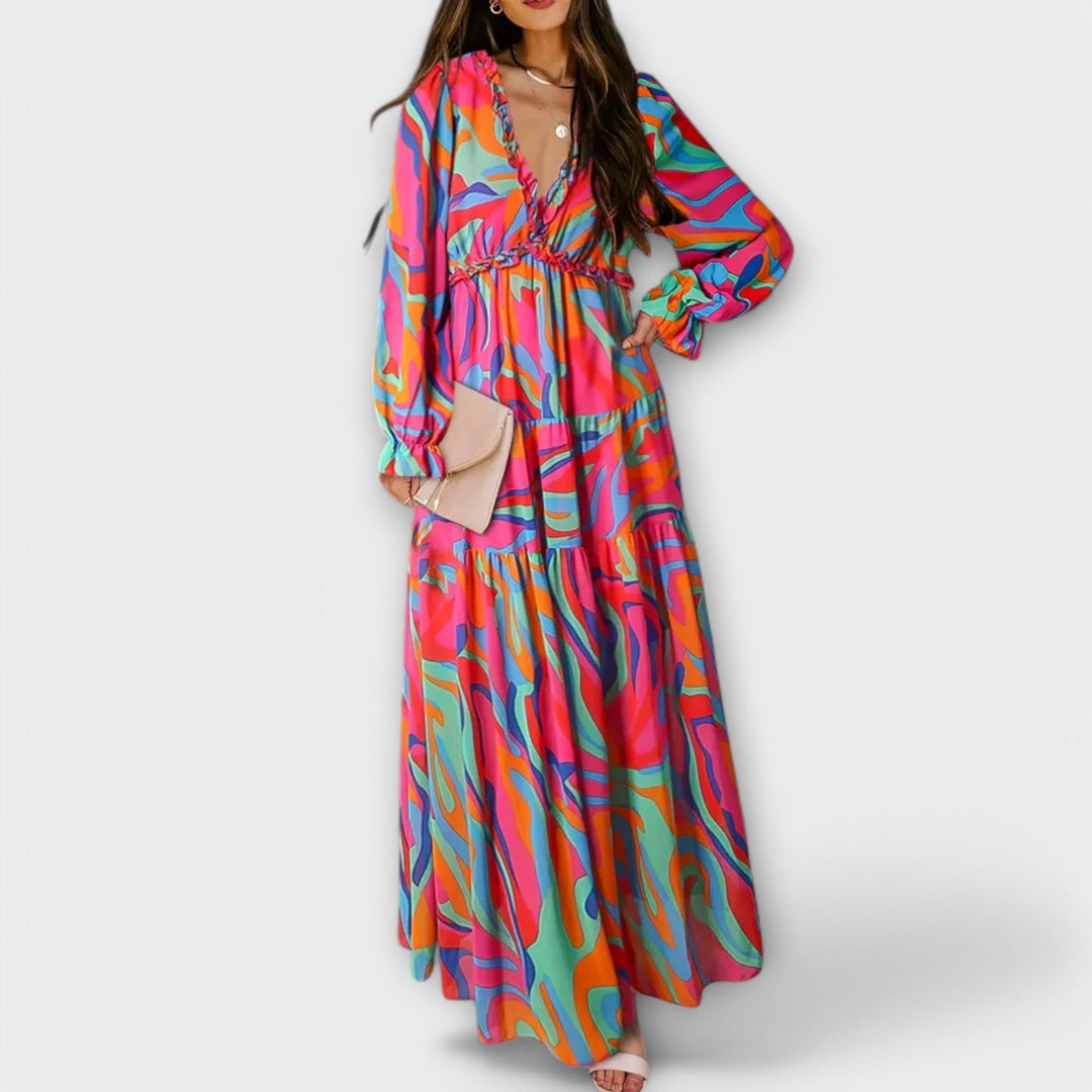 Women's Floral Maxi Dress - Graceful V-Neck & Long Sleeves