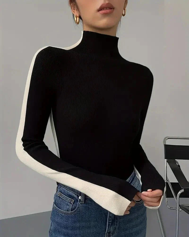 Women's Ribbed Knit Top with High Neck – Colour-Block Design