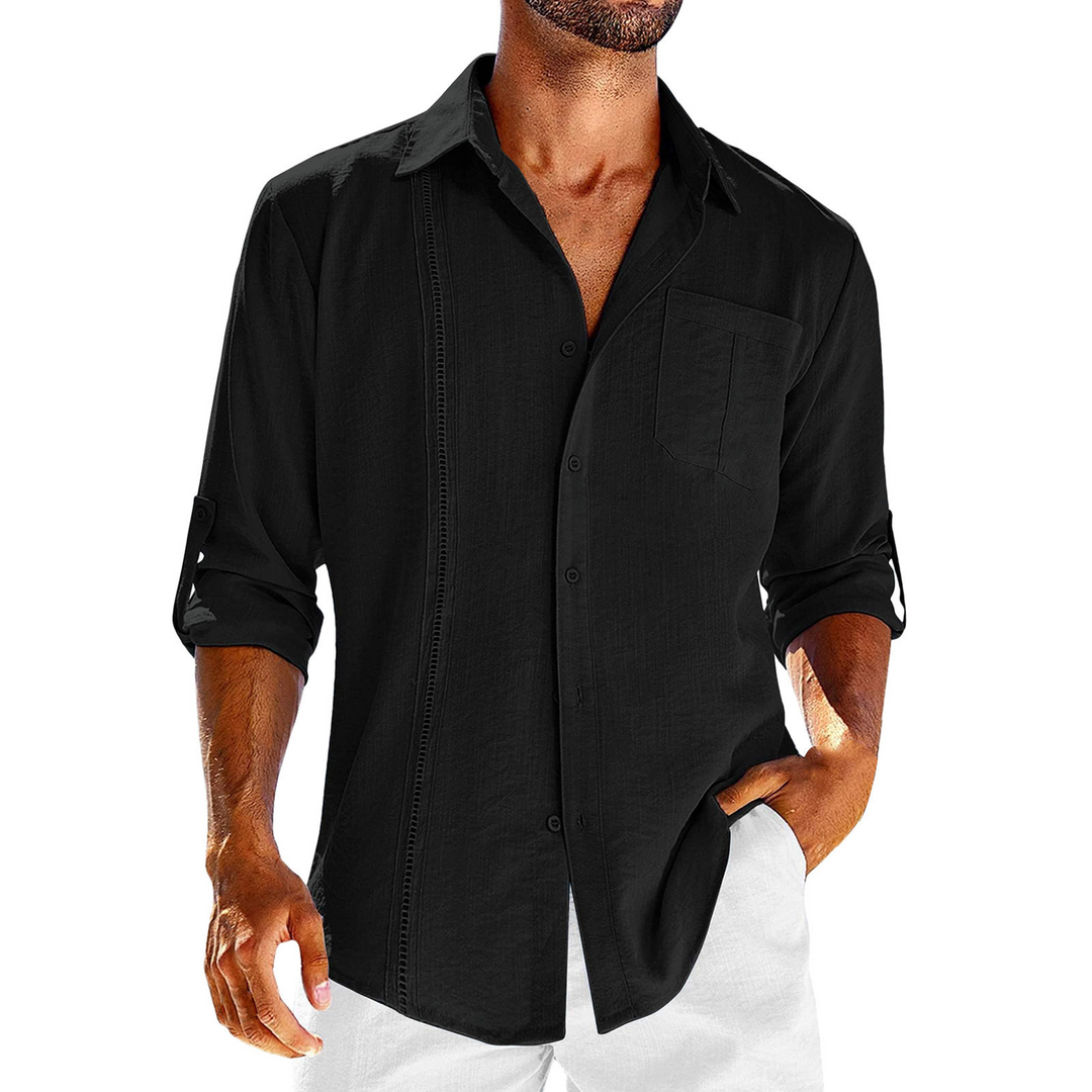 Men's Linen Cuban Collar Shirt – Relaxed Fit Summer Essential – Black
