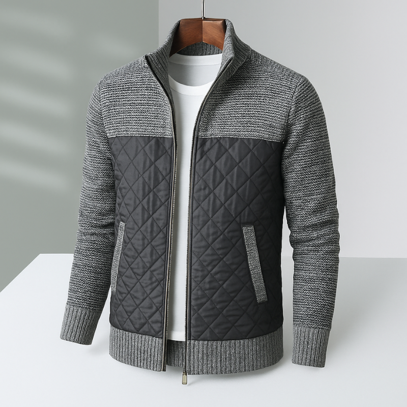 Men's Quilted Hybrid Jacket – Knit-Sleeve Funnel-Neck Layer – Grey