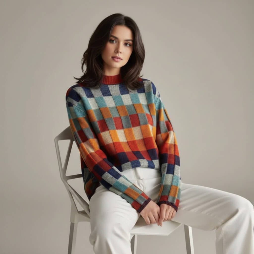 Women's Merino Wool Colour-Block Jumper – Mock Neck Knit – view 2