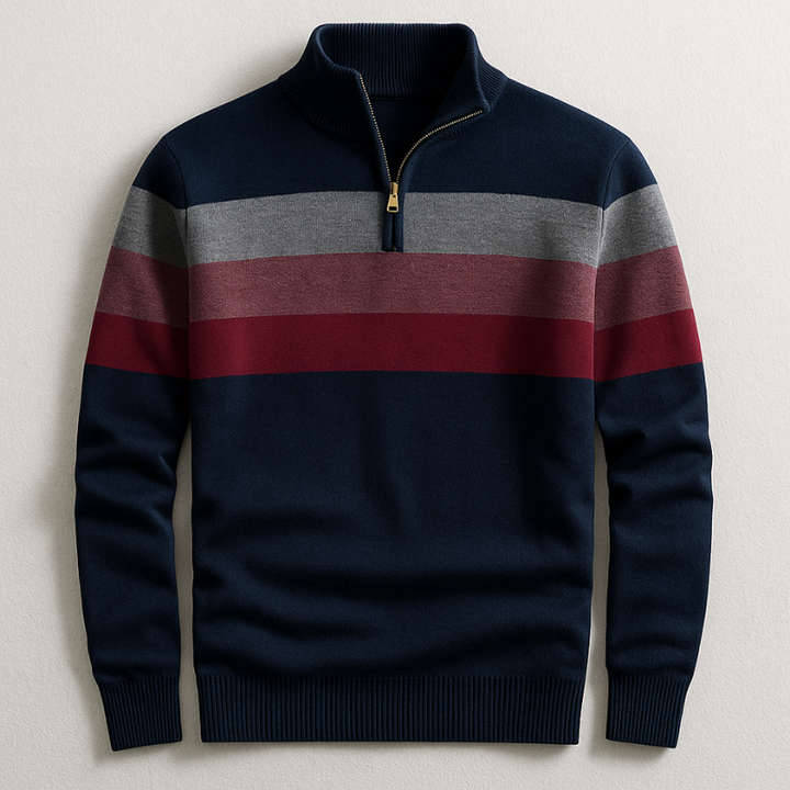 Men's Cotton Quarter-Zip Sweater – Striped Knit Jumper – Navy