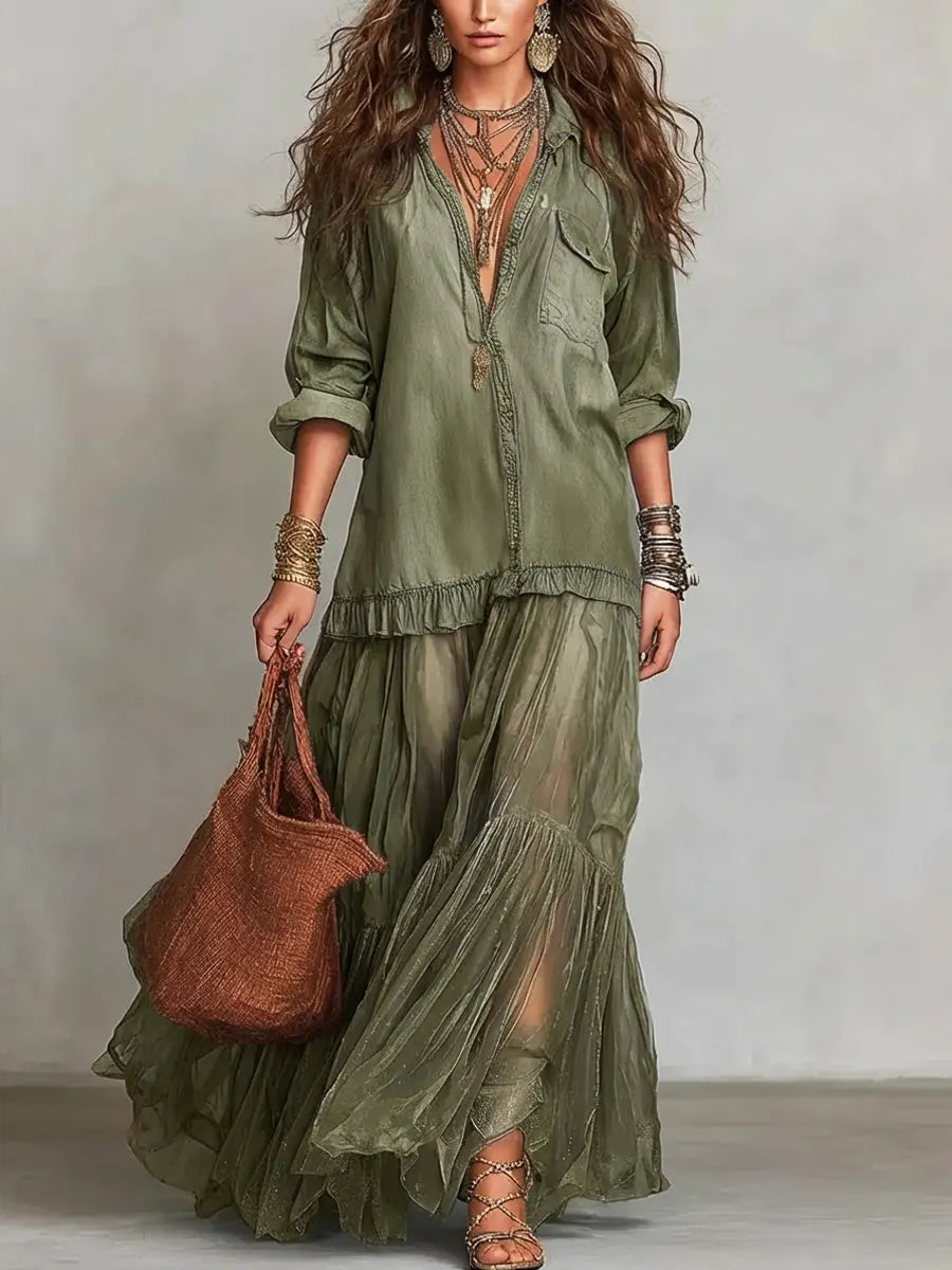 Women's Denim & Organza Patchwork Maxi Dress - Artful Contrast