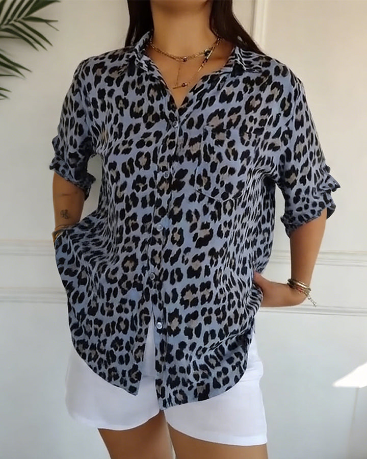 Women's Cotton Blend Leopard Print V-Neck Blouse - Chic Daily Wear