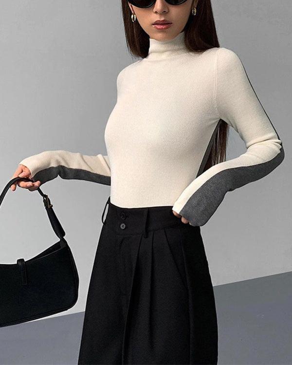 Women's Ribbed Knit Top with High Neck – Colour-Block Design – view 7