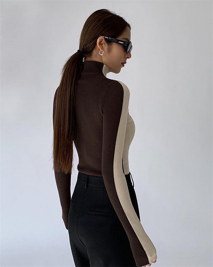 Women's Ribbed Knit Top with High Neck – Colour-Block Design – view 10