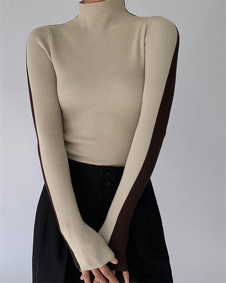 Women's Ribbed Knit Top with High Neck – Colour-Block Design – view 9