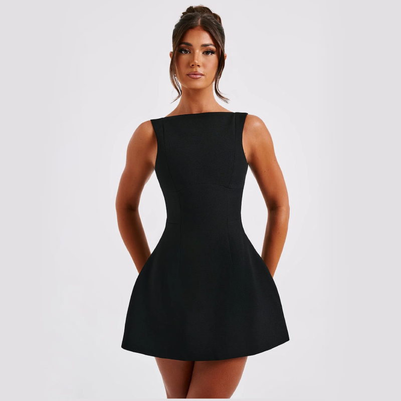 Women's Crepe Mini Dress – Scoop Back Bubble Hem Party Dress – view 4
