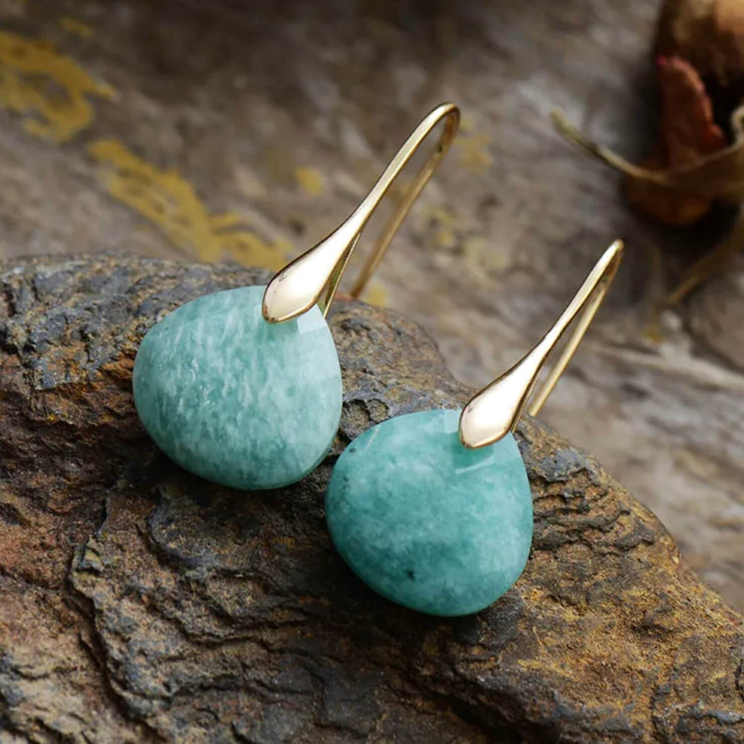 Women's Amazonite Natural Stone Drop Earrings – 18k Gold Plated – view 2