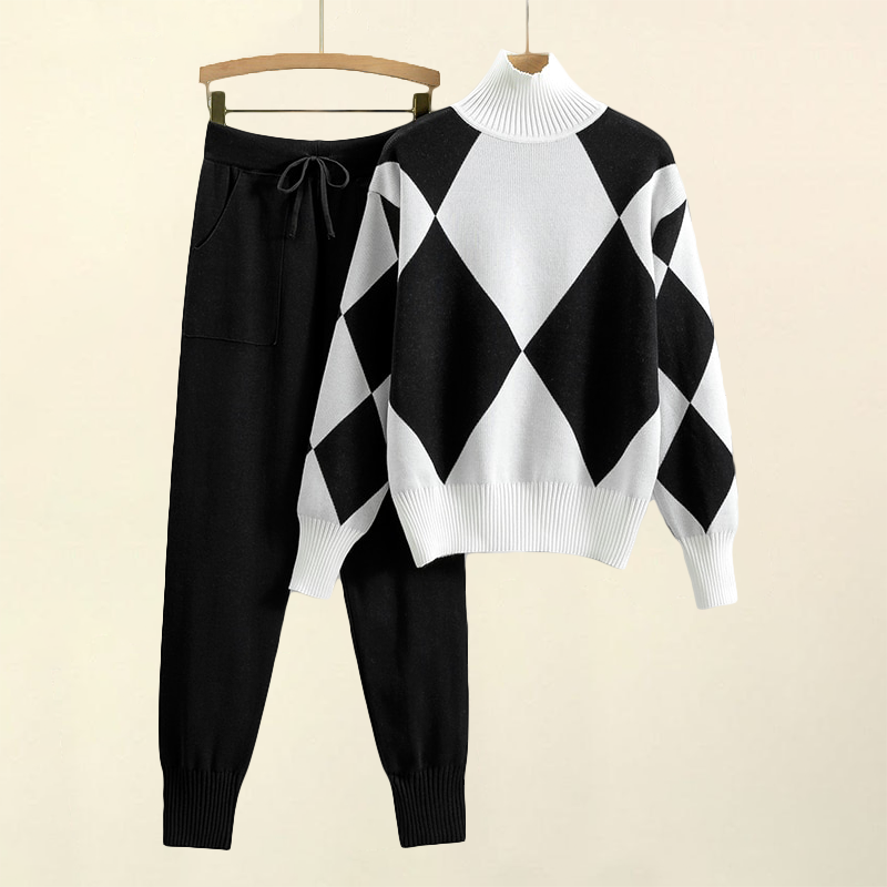 Women's Knitted Co-ord Set – Turtleneck Jumper and Trousers – Blue