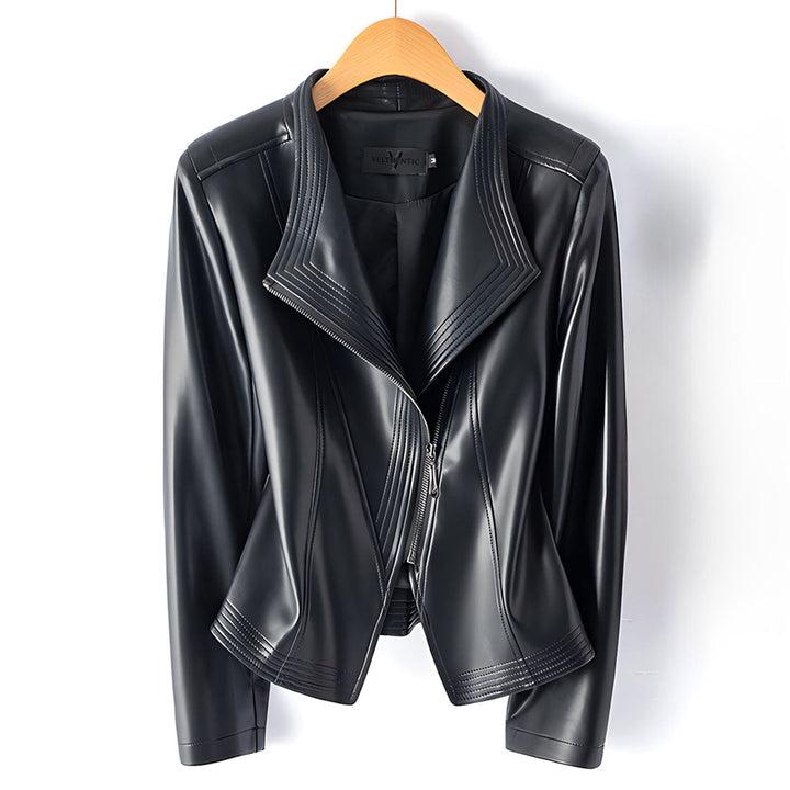 Women's Leather Moto Jacket – Asymmetric Zip Sheepskin Biker – view 3