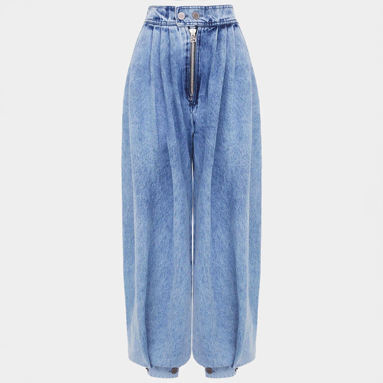 Women's Denim Harem Trousers – High Waist Pleated Balloon Fit