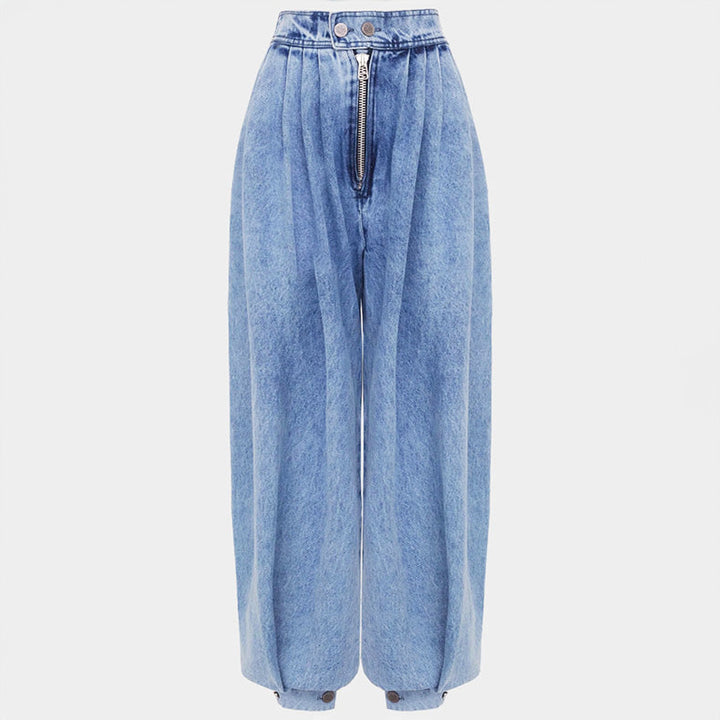 Women's Denim Harem Trousers – High Waist Pleated Balloon Fit