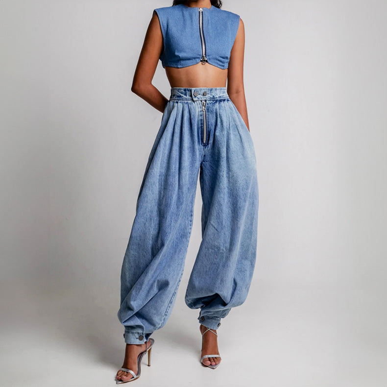 Women's Denim Harem Trousers – High Waist Pleated Balloon Fit