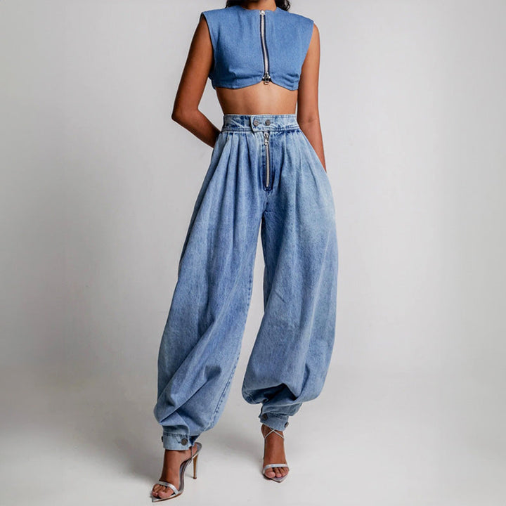 Women's Denim Harem Trousers – High Waist Pleated Balloon Fit