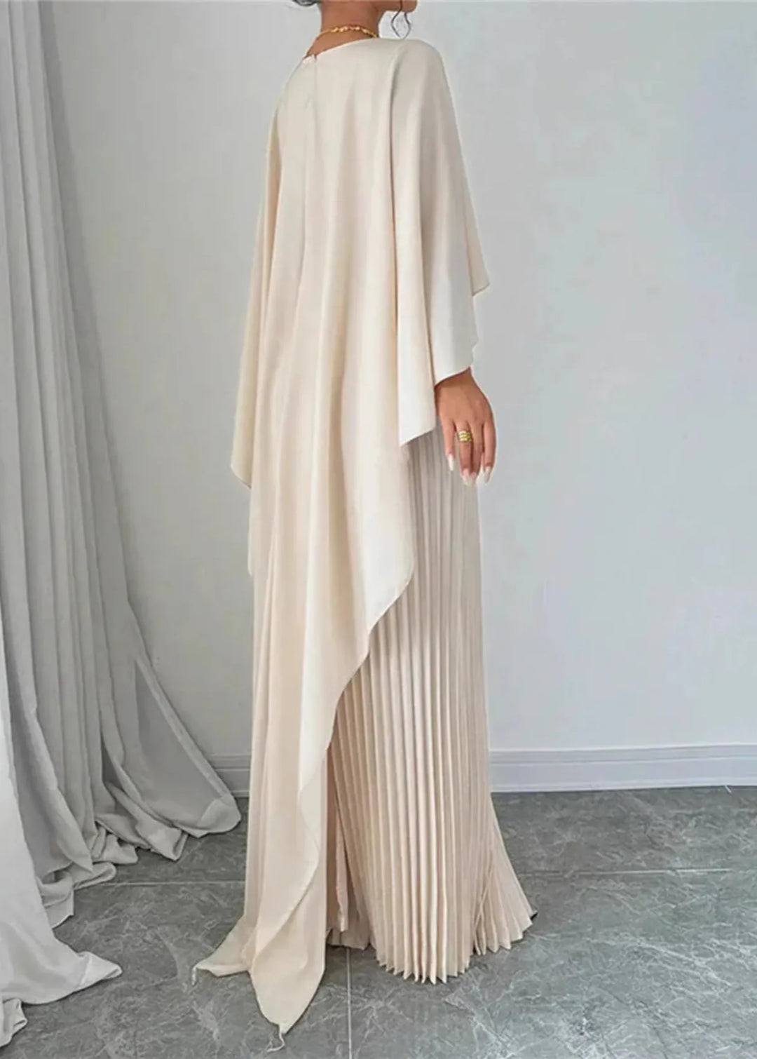 Women's Wedding Guest Elegant Pleated Cape Maxi Dress
