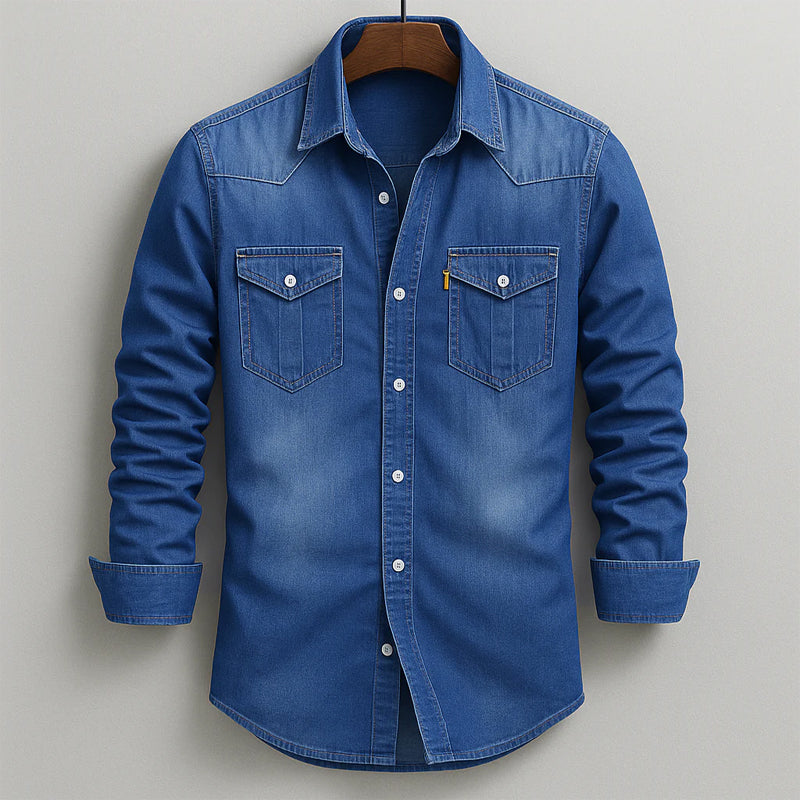 Men's Soft-Washed Denim Shirt – Casual Snap-Pocket Button-Down – Light Blue