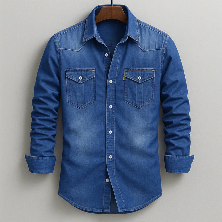 Men's Soft-Washed Denim Shirt – Casual Snap-Pocket Button-Down – Light Blue