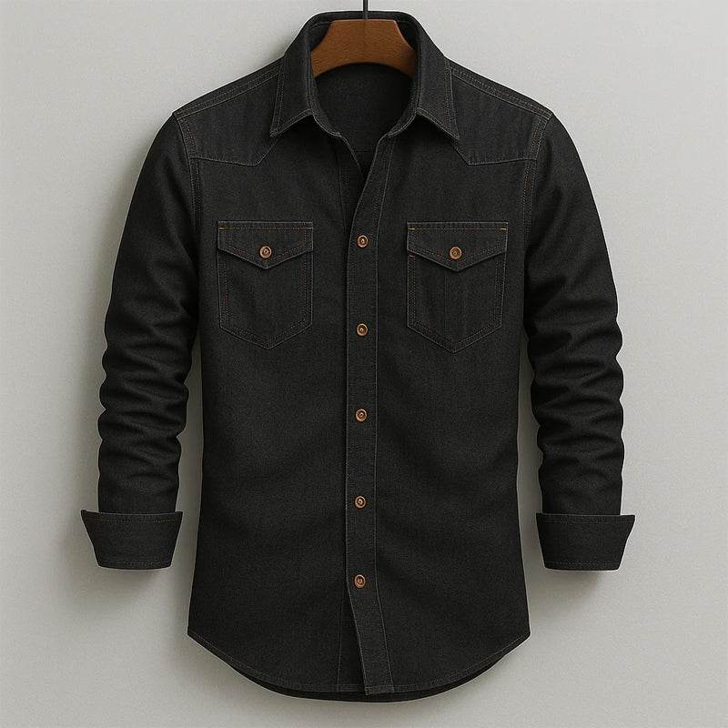 Men's Soft-Washed Denim Shirt – Casual Snap-Pocket Button-Down – Dark Blue