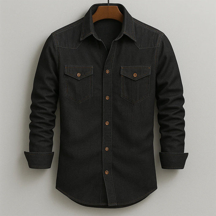 Men's Soft-Washed Denim Shirt – Casual Snap-Pocket Button-Down – Dark Blue