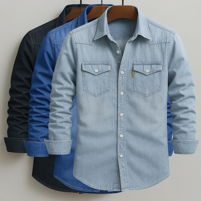 Men's Soft-Washed Denim Shirt – Casual Snap-Pocket Button-Down – All 4 Colours (Bundle Deal)