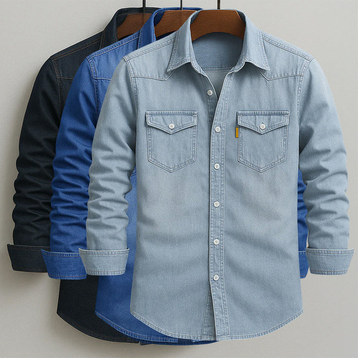 Men's Soft-Washed Denim Shirt – Casual Snap-Pocket Button-Down – All 4 Colours (Bundle Deal)