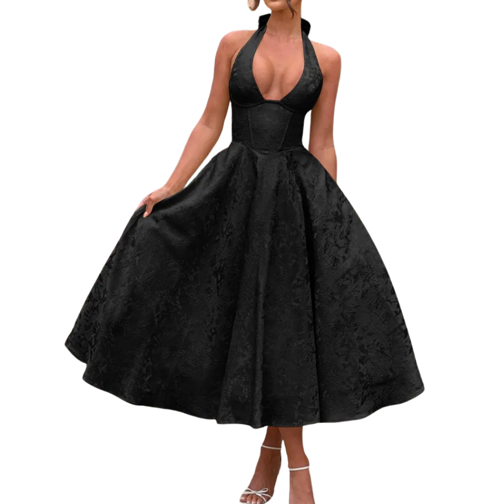 Women's Embroidered Halter V-Neck Evening Dress - Black Tie Gala