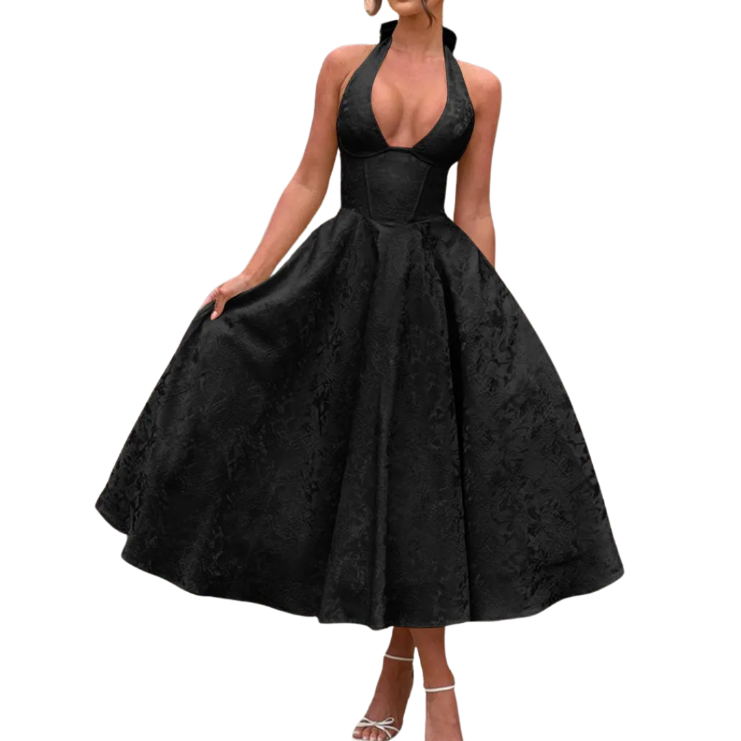 Women's Embroidered Halter V-Neck Evening Dress - Elegant Evening Gown