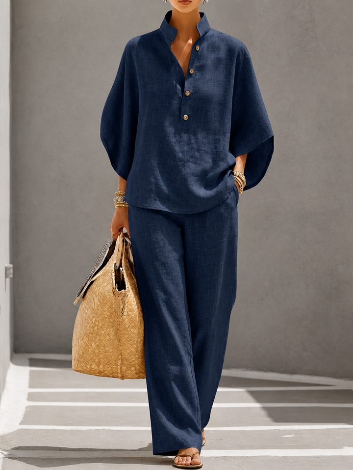 Women's Linen Blend Two-Piece Co-ord Set – Relaxed Summer Style – Navy