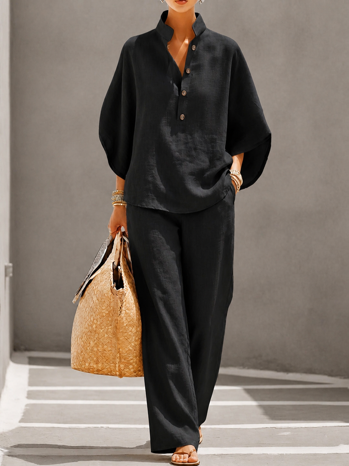 Women's Linen Blend Two-Piece Co-ord Set – Relaxed Summer Style – Black