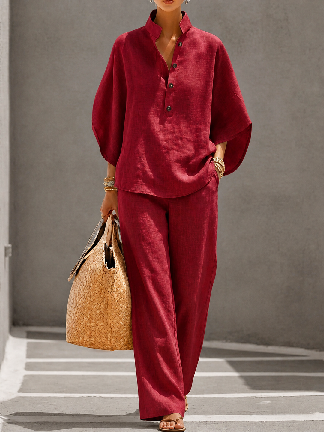 Women's Linen Blend Two-Piece Co-ord Set – Relaxed Summer Style – Red