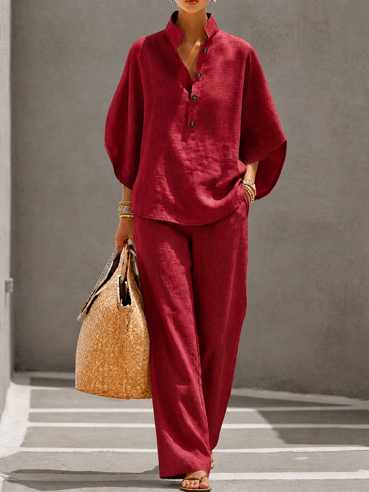 Women's Linen Blend Two-Piece Co-ord Set – Relaxed Summer Style – Red