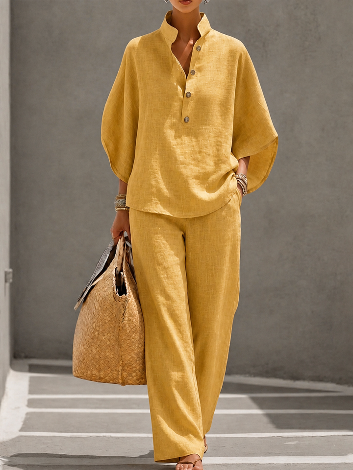 Women's Linen Blend Two-Piece Co-ord Set – Relaxed Summer Style – Yellow