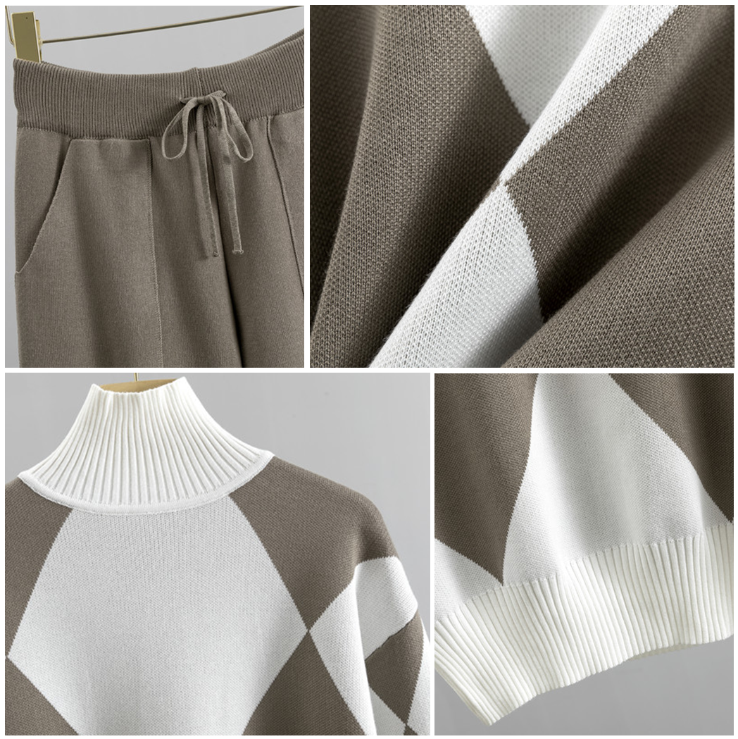 Women's Knitted Co-ord Set – Turtleneck Jumper and Trousers – Brown