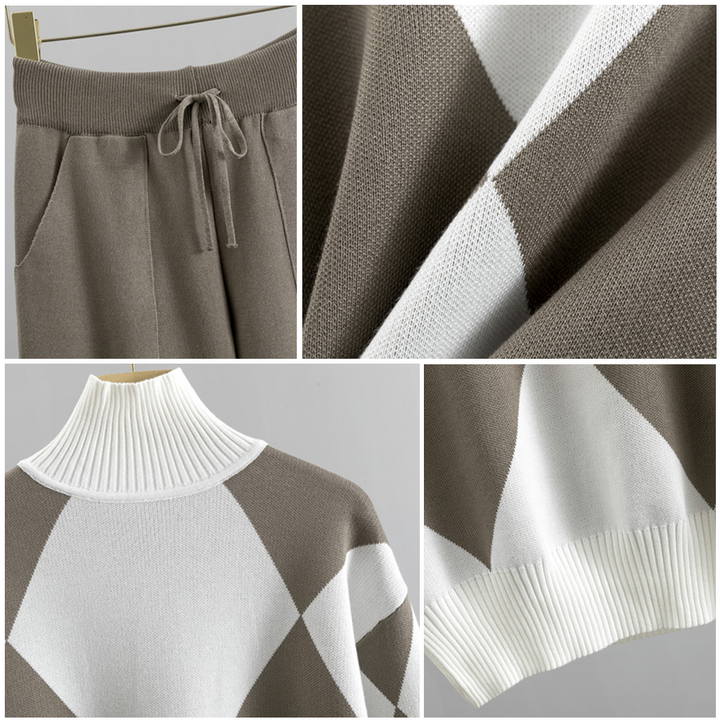 Women's Knitted Co-ord Set – Turtleneck Jumper and Trousers – Brown