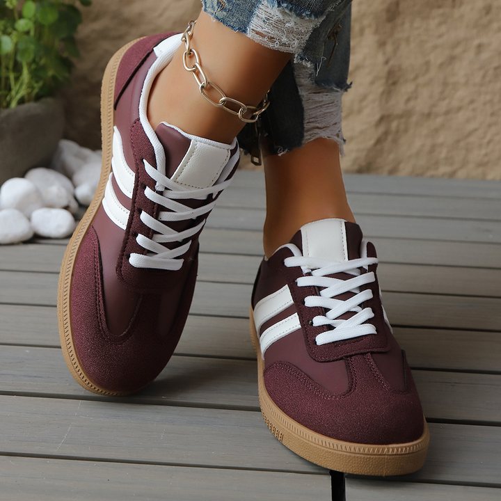 Women's Leather Trainers – Retro Stripe Gum Sole Shoes – view 10