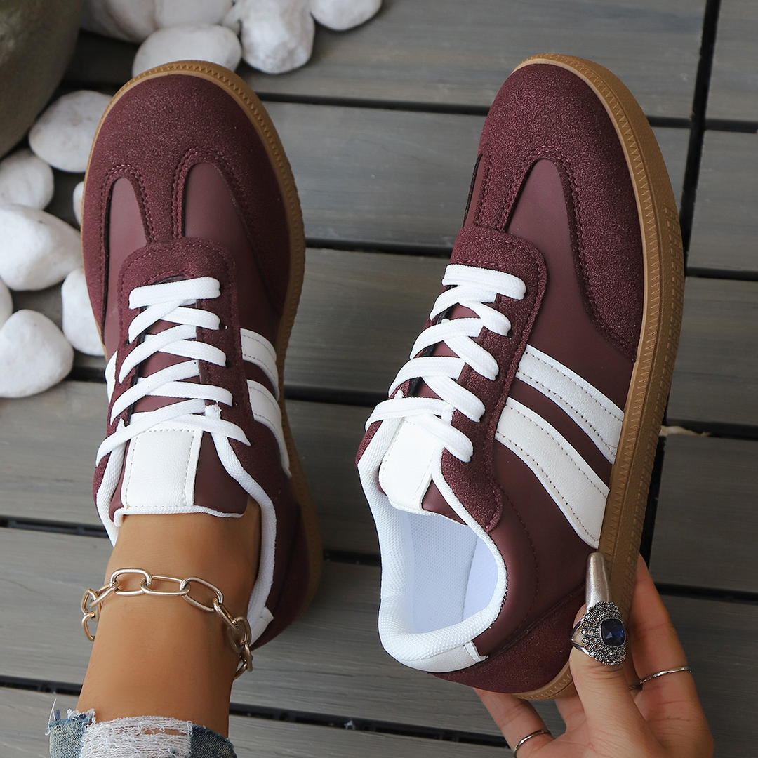 Women's Leather Trainers – Retro Stripe Gum Sole Shoes – view 11