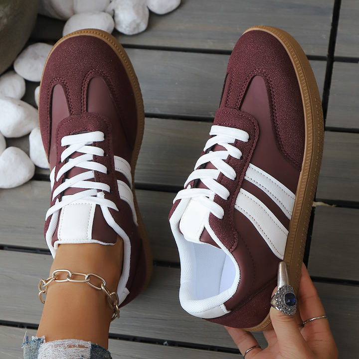 Women's Leather Trainers – Retro Stripe Gum Sole Shoes – view 11